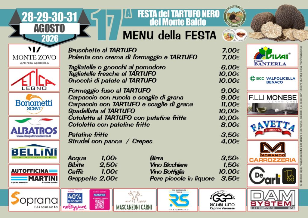 Menu della 17^ Fiera del Tartufo Nero del Montebaldo