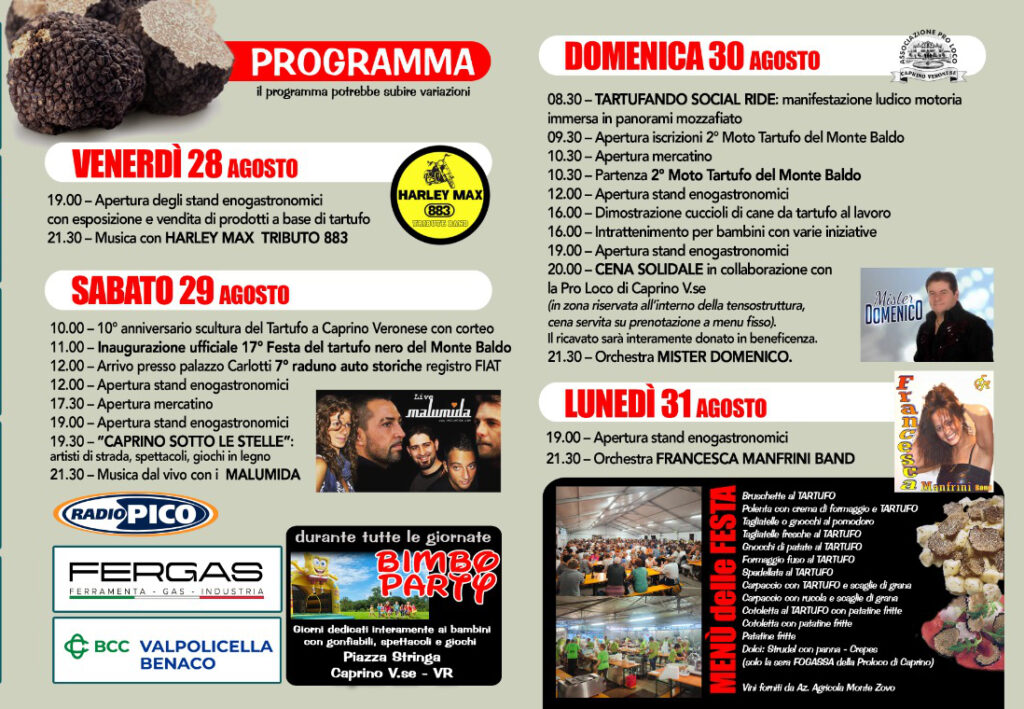 Il programma della 17^ Fiera del tartufo nero del Monte Baldo